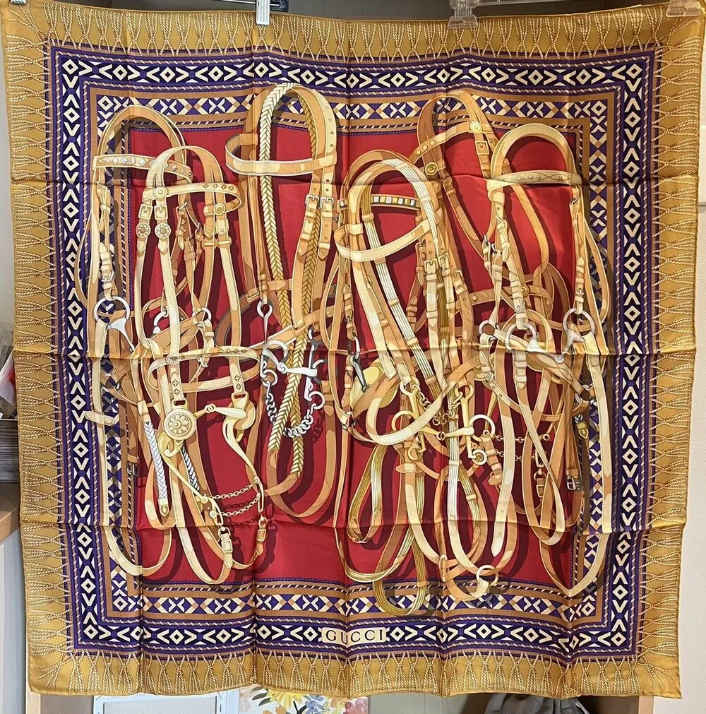 GUCCI Vintage Equestrian 100% Silk Scarf Made In Italy NWT
